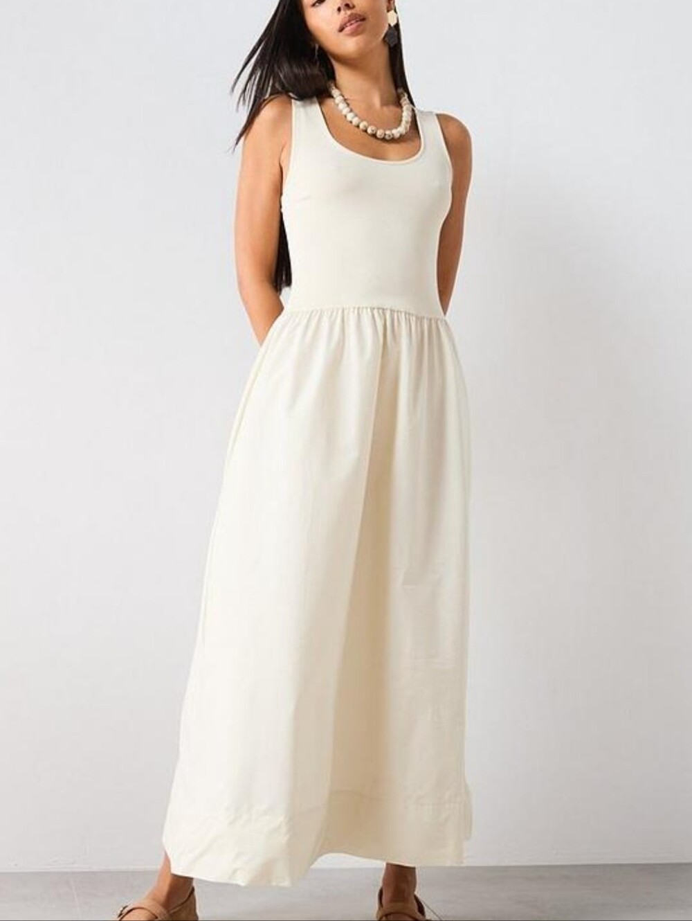 MANGO Cream Ivory Cotton Flared Midi Dress Combined Fabric Sleeveless Size 4 Sm